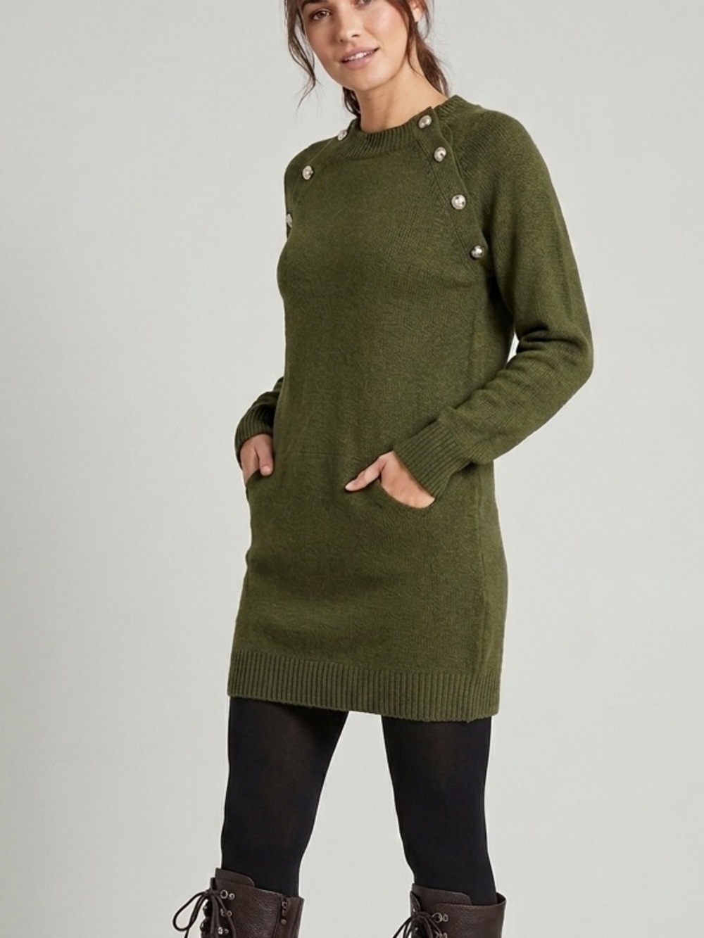PRETTYGARDEN Army Green Knit Sweater Dress with Button Detail Size Small
